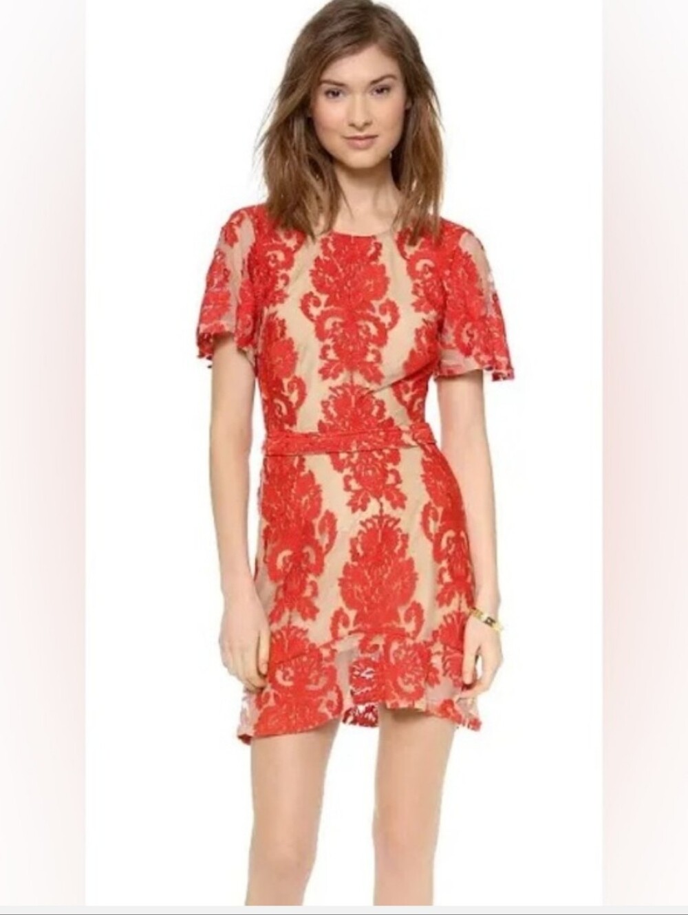 For Love & Lemons San Marcos MiniDress Red Embroidered Nude Illusion Size Small